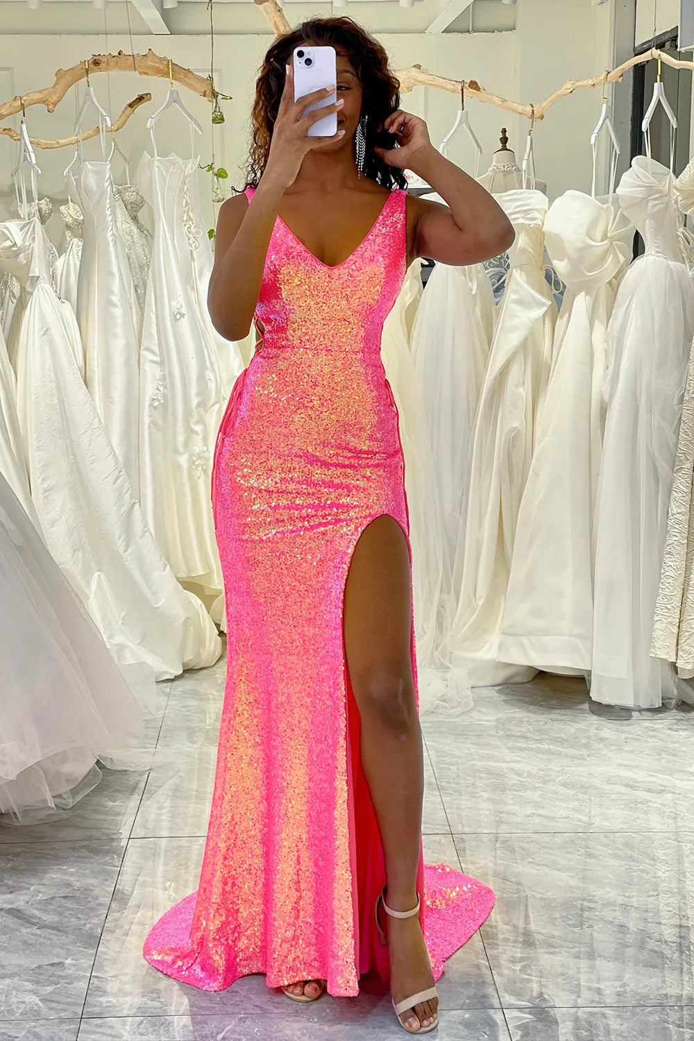 Wholesale Sparkly Hot Pink Mermaid V Neck Zipper Back Long Prom Dress With Slit prom dresses with long sleeves